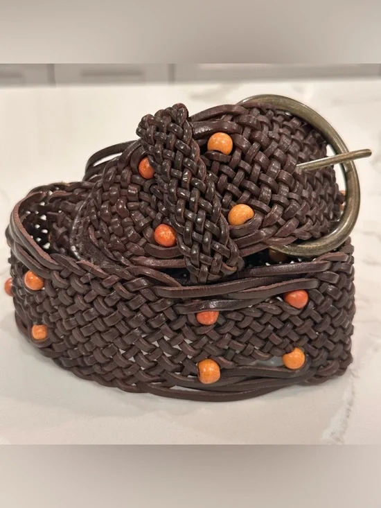 Unbranded Brown Wide Beaded Braided Leather Waist Belt Women M Hippie Boho Woven