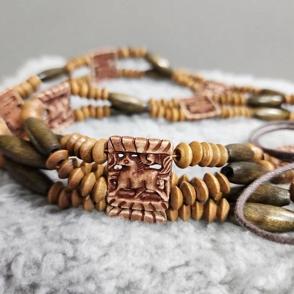 Vintage Wooden Beaded Safari Belt Tie 90s Boho Tribal Zoo Year of the wood horse