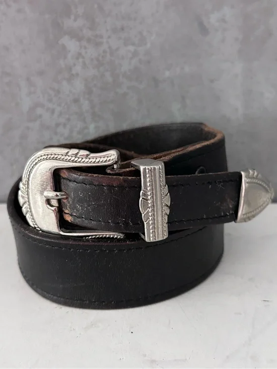 VTG Leather Belt Mens BLACK Silver Buckle Band Tip 36