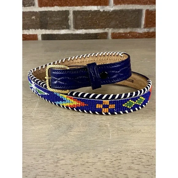 Veg Hand Beaded Tooled Leather Thunderbird Belt Western Native American HK 31.5