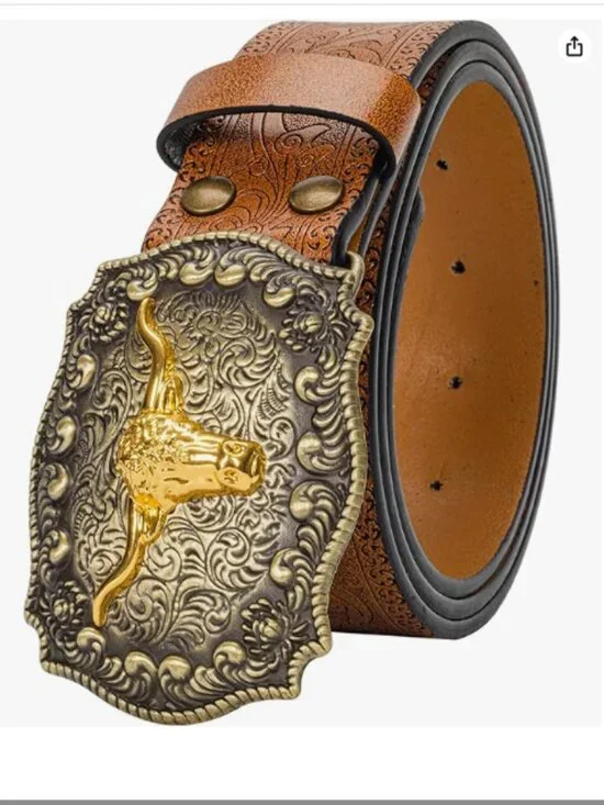 Women's Western Cowboy Belt with Large Longhorn Bull Buckle