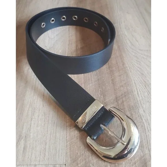 Nine West Faux Leather Black Belt Womens‎ Size M/L Gold Tone Large Buckle