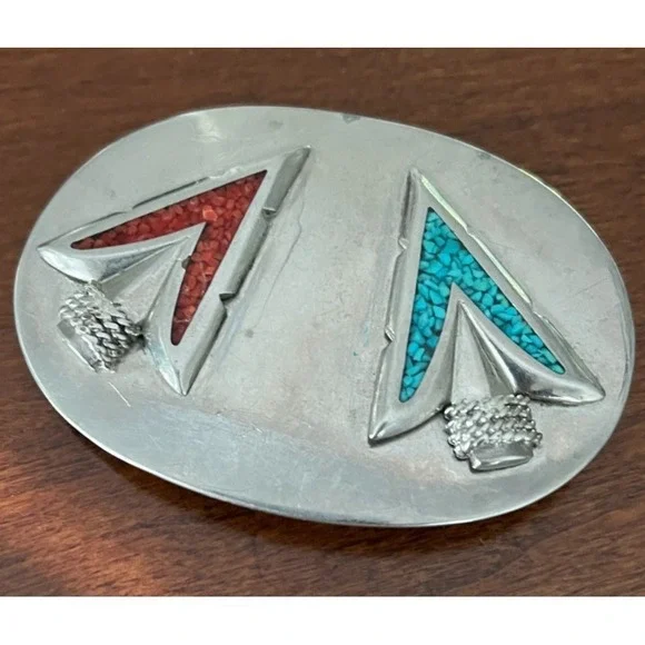 Vintage Native American Arrowhead Turquoise Coral Belt Buckle