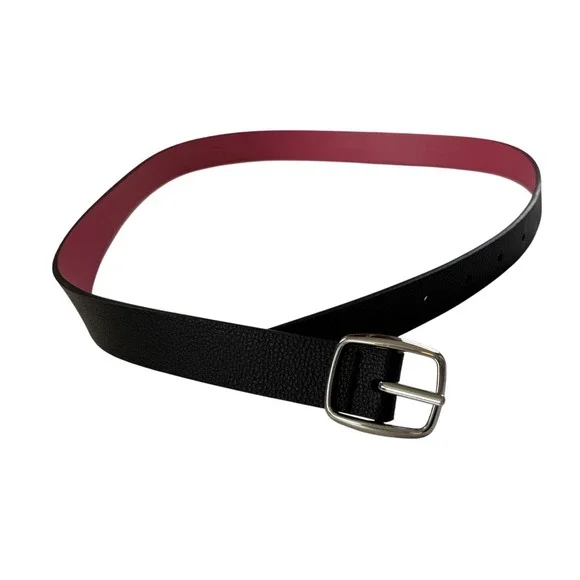 Black Pebbled Faux Leather‎ Belt with Pink Interior Silver Buckle Womens 36 Inch