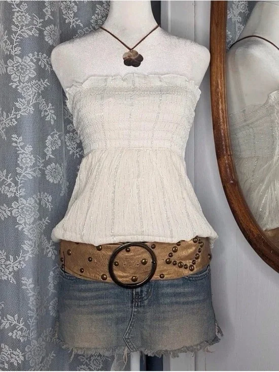 Wide Studded Metallic Tan Belt with Round Buckle