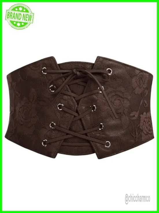 Wide Faux Leather Corset Cinch Belt with Lace-Up and Press Button