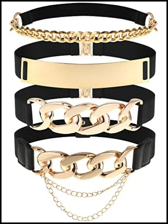 4 Packs Women Stretch Waist Belt with Gold Metal Buckle Fashion Wide Chain