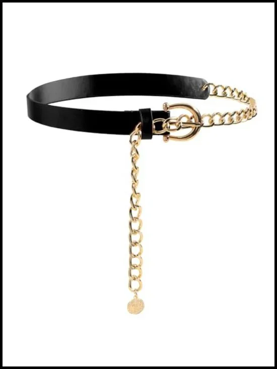 Faux Leather Belt with Gold Chain and Coin Charm, Adjustable Waist Belt for