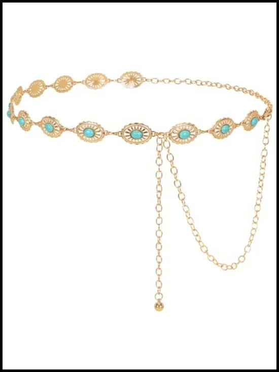 Turquoise Concho Chain Waist Belt Silver Metal Chain Belt for Dress Adjustable