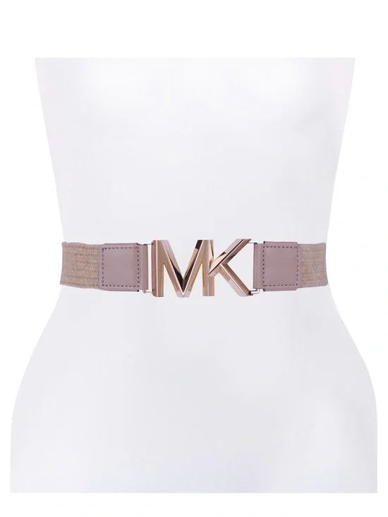 Michael Kors Taupe Elastic MK Logo Waist Belt with Gold Buckle