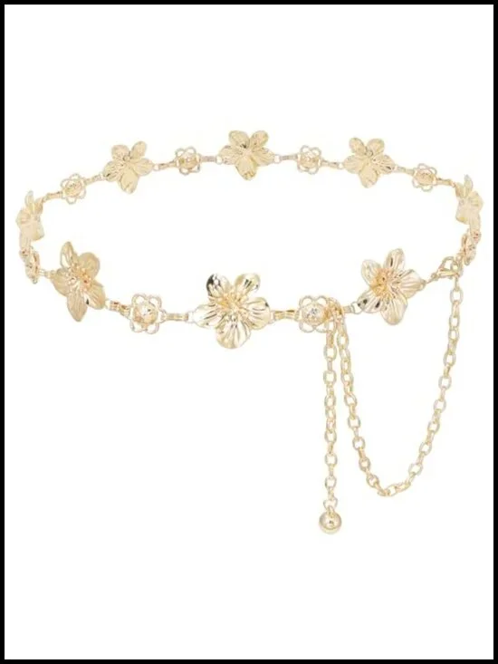 Metal Chain Belt with Flower Accents Lobster Clasp Waist Body Chain for Dresses