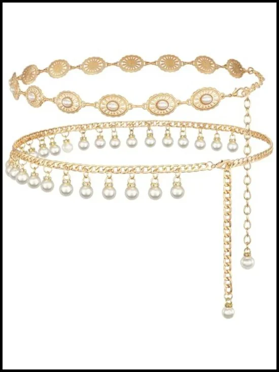 Pearl Waist Chain Belt Adjustable Gold Body Link for Dresses Jeans