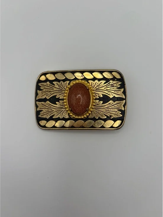 Vintage Gold-Tone Belt Buckle with Brown Oval Stone and Leaf Design, Approx. 3