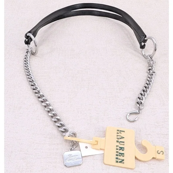 Lauren Ralph Lauren Black Leather Silver Chain Link Belt Small Charm Hook Clasp