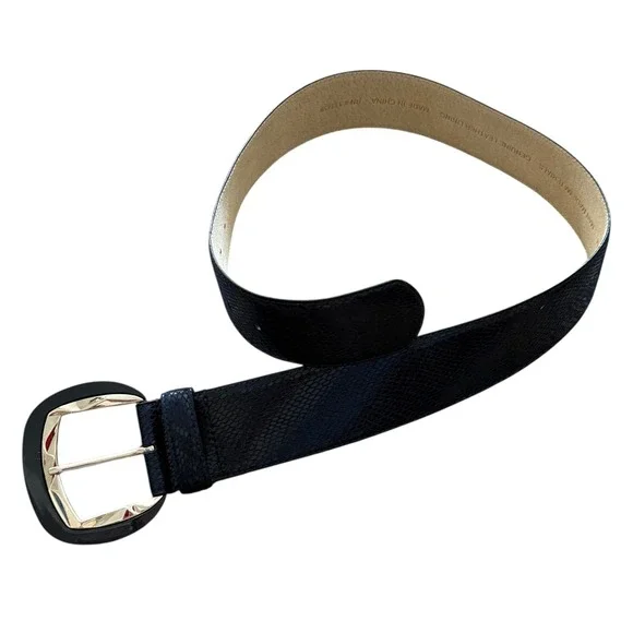 White House Black Market Genuine Leather Snake Embossed Navy Belt Silver‎ Buckle