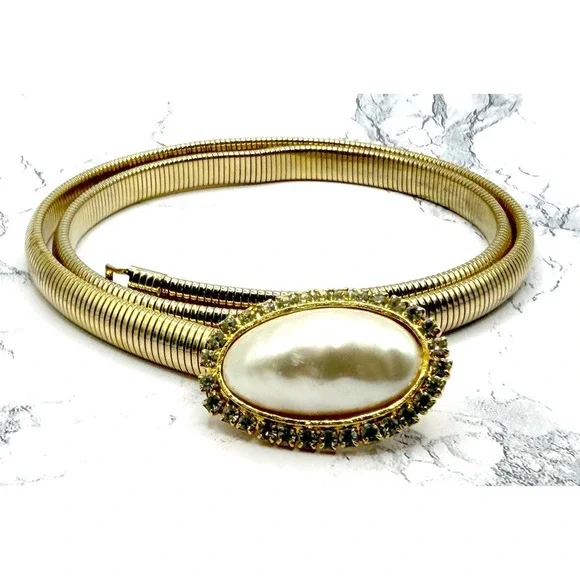 Gold‎ Mesh Belt Faux Pearl Rhinestone Buckle Statement Vintage Style