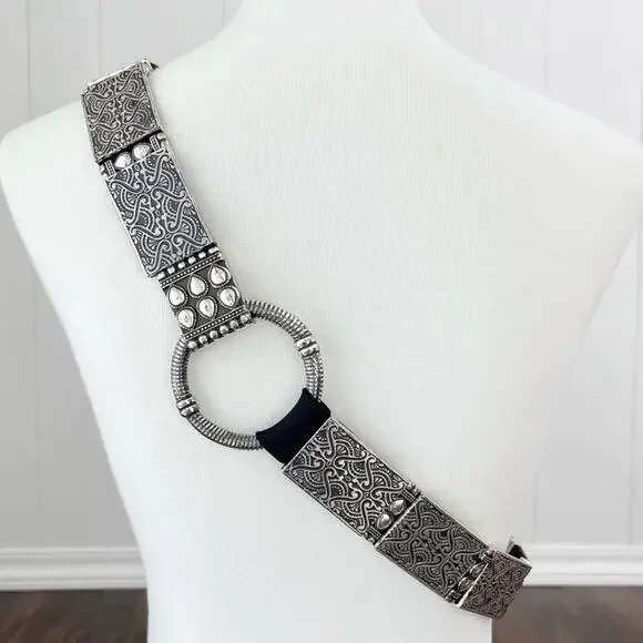 Beaded Metal Stretch Belt Hip Slung Embossed Boho Bohemian Size L/XL Silver Blk