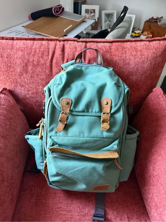 Green Canvas Backpack with Leather Accents