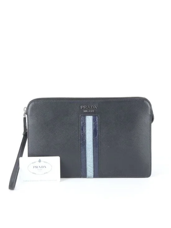 Prada Included Saffiano Leather Clutch Pouch Black
