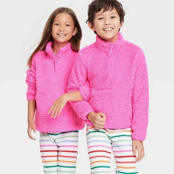 Kids' Faux Shearling Family Half Zip Up Pajama Pullover Medium Size 8
