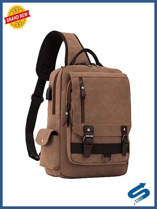 Canvas Messenger Bag Crossbody Sling with USB Charging Lock