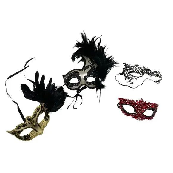 Venetian Mardi Gras Masquerade Masks Textured Lace Feathers Gems Swan Lot of 4