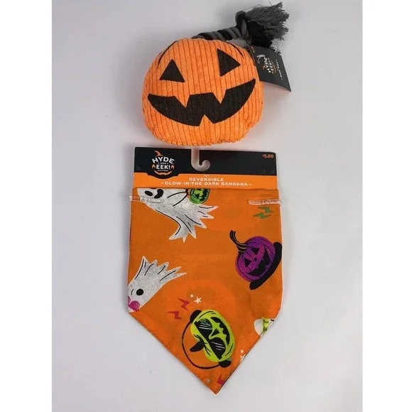 Hyde and Eek Boutique Pumpkin Dog‎ Toy & Reversible Glow-in-the-Dark Bandana Set