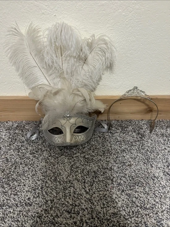 Silver Feathered Masquerade Mask with Tiara