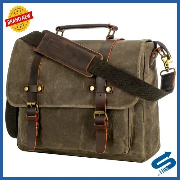 Vintage Leather Messenger Bag Waxed Canvas Laptop Briefcase Business Satchel