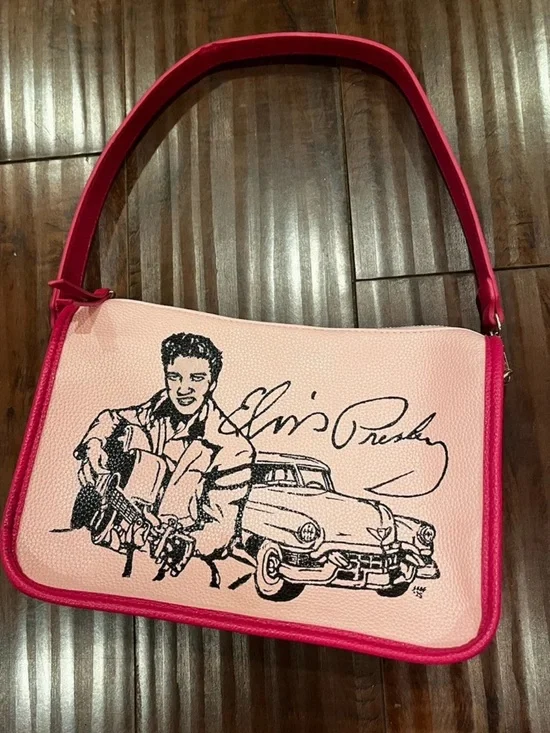 Pink Elvis Graphic Print Small Shoulder Bag Zip Closure Strap Faux Leather