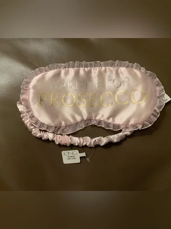Icing Pink Satin 'Wake Me For Prosecco' Sleep Mask with Gold Lettering