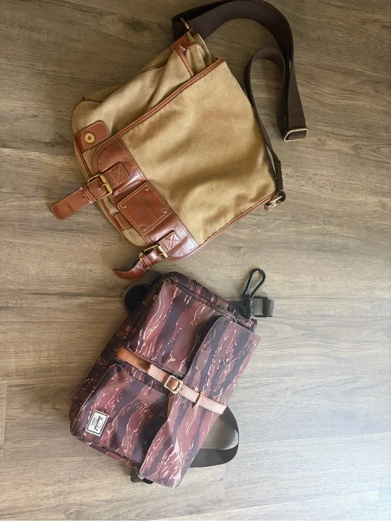 Fossil Tan Canvas & Brown Leather Messenger Bag