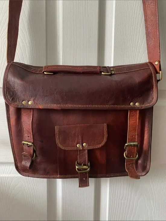 Vintage Brown Leather Messenger Bag with Brass Hardware