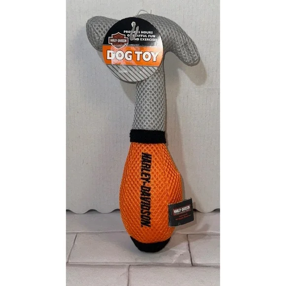 Harley-Davidson Hammer Plush Squeaky Dog Toy Orange Grey Black Mesh 2014 NEW