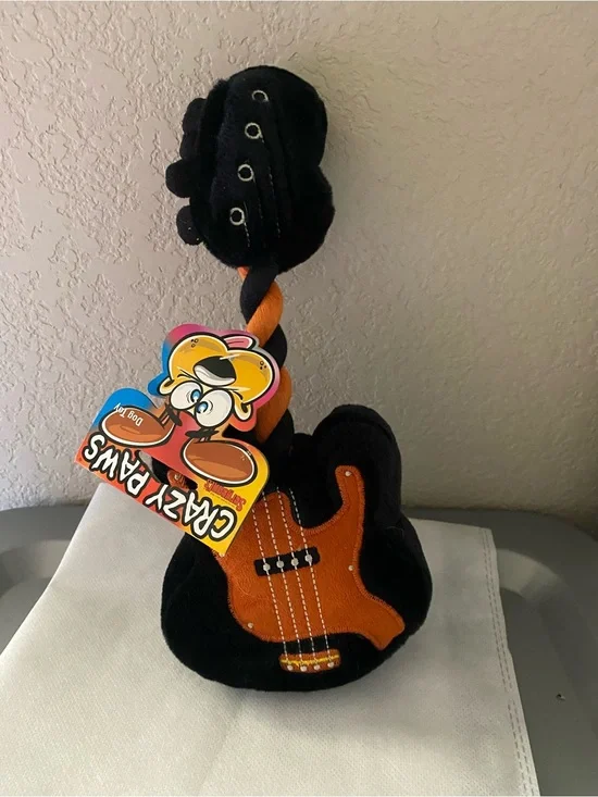 NWT Sergeants Dog Toy Plush Guitar With Rope Squeaky Black Orange 11