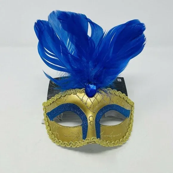 Spirit Halloween Venetian Mask Gold Blue‎ Feathers