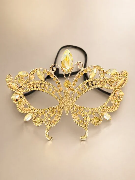 Gold Butterfly Masquerade Mask, Yellow Crystal Eye Mask for Mardi Gras