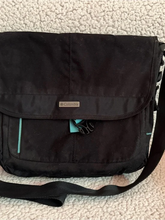 Columbia Black Messenger Bag with Teal Trim