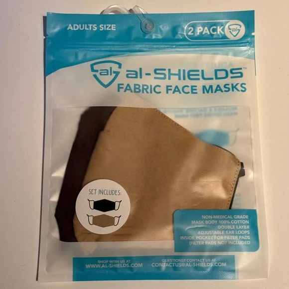 Al-Shields Fabric Face Masks 2 Pack Adults 100% Cotton Adjustable Brown Tan