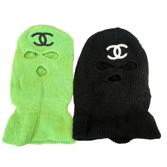 (2) Lot Knit Ski Masks Black Green White Embroidered Lettered Logo Face Cover