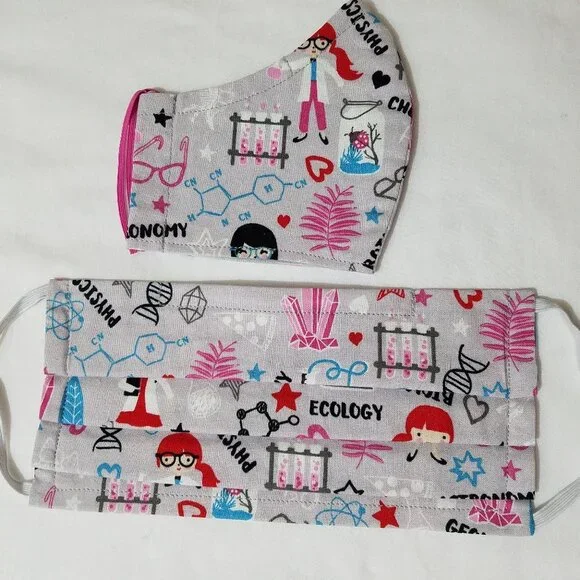 Hand Crafted Bundle of 2 Face Masks Adult and Kids Science Gray Pink