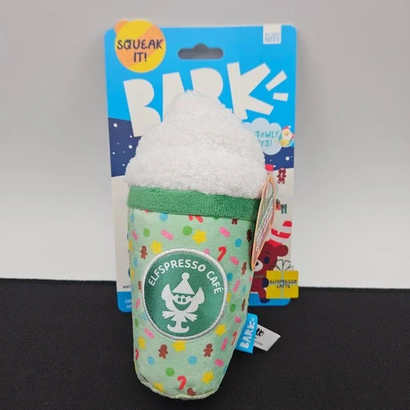 BarkBox Howly Jowly Holidays Elfspresso Latte‎ Squeaky Crinkle Plush Dog Toy New