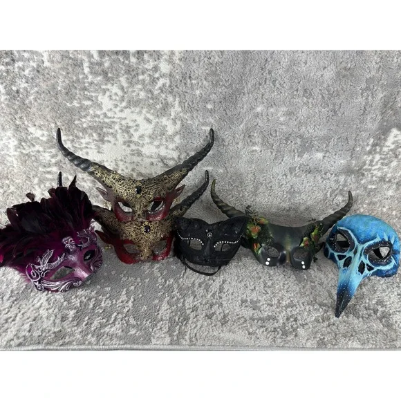 Horned Skull Feathered Gothic Halloween Masquerade Mask Multi Colored Lot of 6