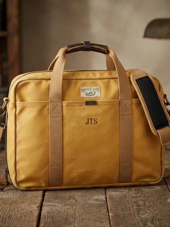 Vintage Lands End Square Rigger Canvas Briefcase Laptop Bag Beige Carry On