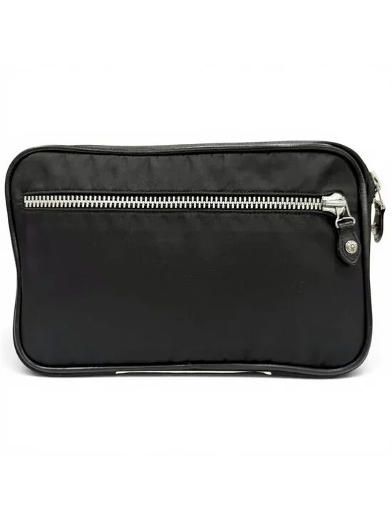Chrome Hearts Nylon Leather Scroll Logo Plate Clutch Black Silver