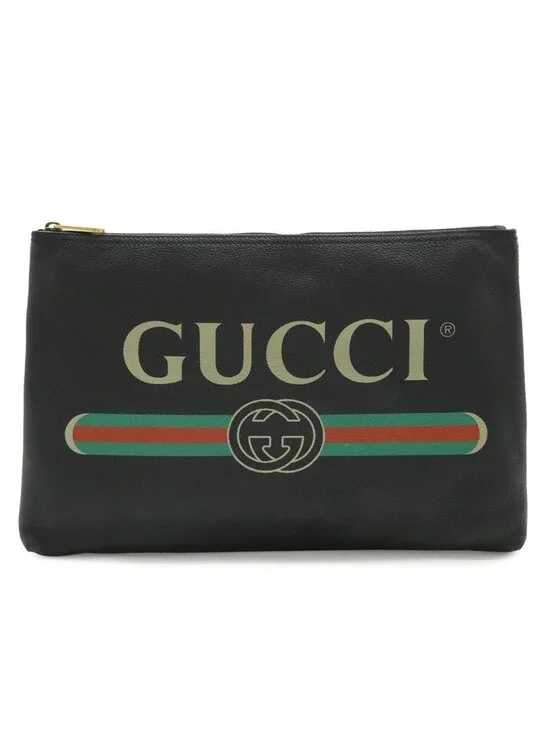 Gucci Print Logo Portfolio Clutch Leather Black Green