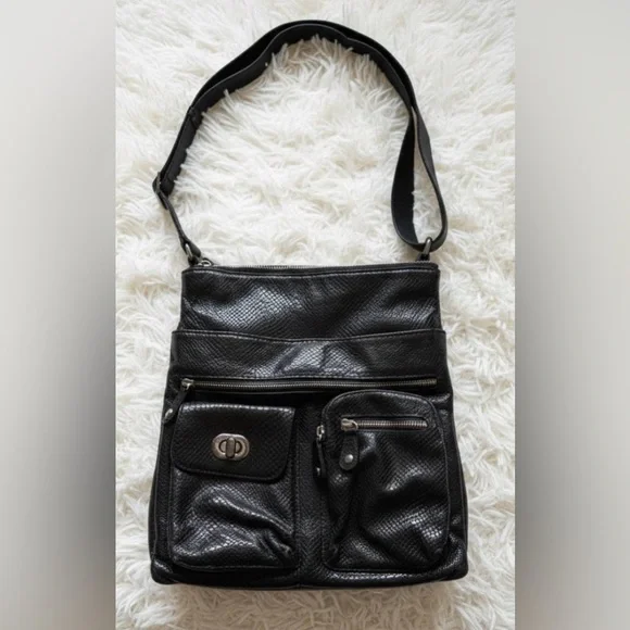 Brighton Black Leather Faux Snake Skin Multi Compartment Crossbody Shoulder Bag