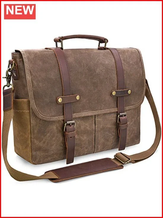 Vintage Leather Waxed Canvas Messenger Bag 15.6