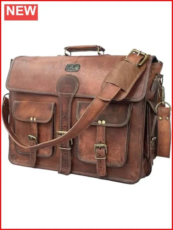 Handmade Full Grain Leather Messenger Bag for Men 18 Inch Laptop Crossbody