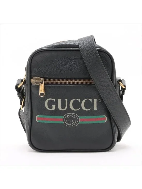 Gucci Print Leather Shoulder Bag Crossbody Messenger Black